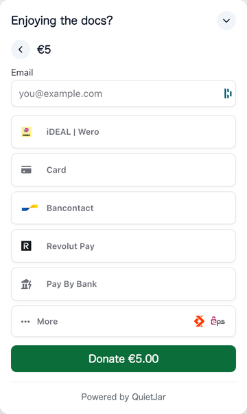 The QuietJar checkout on a docs site, offering iDEAL, card, Bancontact, Revolut Pay, and Pay By Bank for a €5 donation